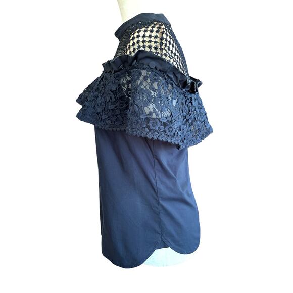 Self-Portrait Top Womens Size 6 Navy Blue Hudson Poplin Lace 100% Cotton NWT - Picture 8 of 10